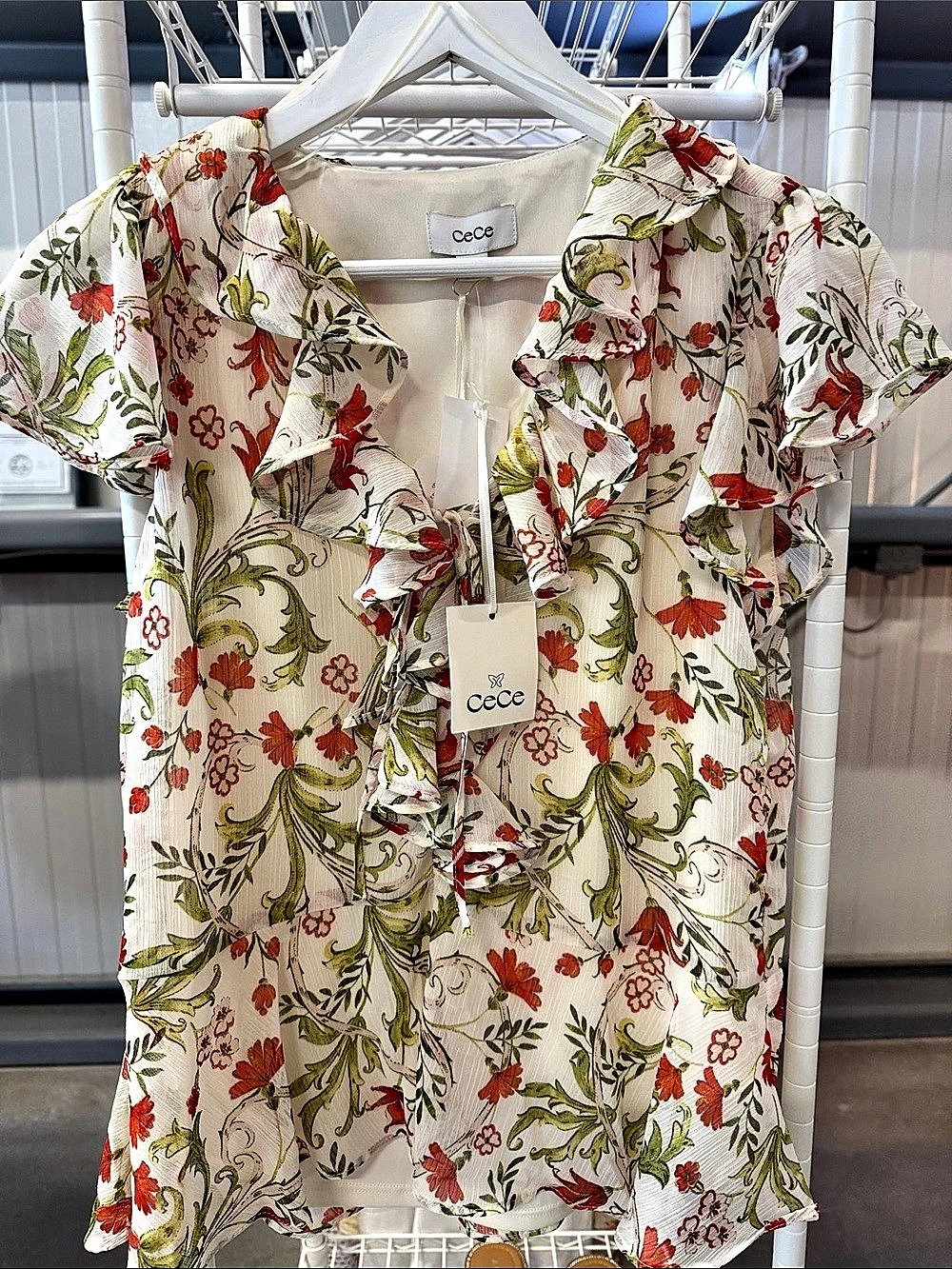 CeCe Floral Ruffle Tie Neck Top Blouse in White & Red